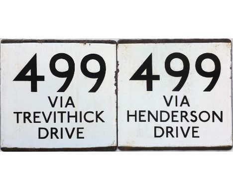 Pair of London Transport bus stop enamel E-PLATES for route 499 destinated via Trevithick Drive and via Henderson Drive respe