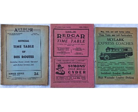 Selection (3) of 1930s BUS/COACH TIMETABLE BOOKLETS comprising Autocar Services Ltd, Tunbridge Wells, dated 1/5/30 (Summer Se
