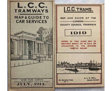Pair of LCC Tramways POCKET MAPS dated July 1914 and 1919 respectively. The latter includes a loose LCC leaflet 'Theatre Guid