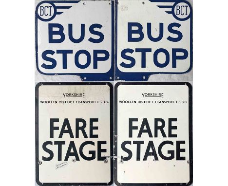 Pair of double-sided BUS STOP FLAGS, the first an enamel Bradford Corporation flag dated 1963 and produced to replace the tro