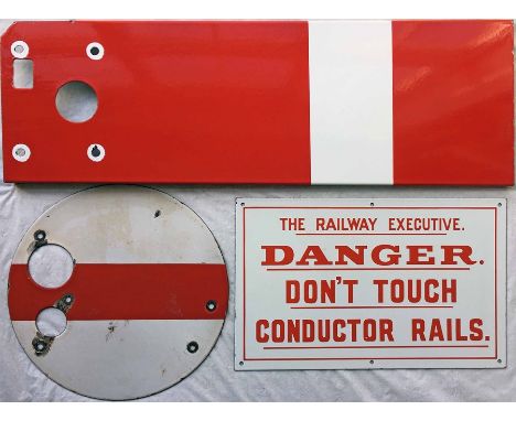 Enamel railwayana comprising a 1969 'home' SIGNAL ARM marked BR W.R. V/E (S) 69, a SHUNT SIGNAL DISC (no lenses) and a BR (S)