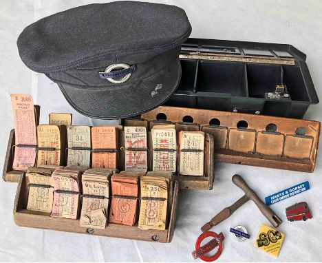 London Transport bus driver's/conductor's CAP &amp; BADGE (c1970s), medium size, used, plus 3 wooden, spring-loading TICKET R