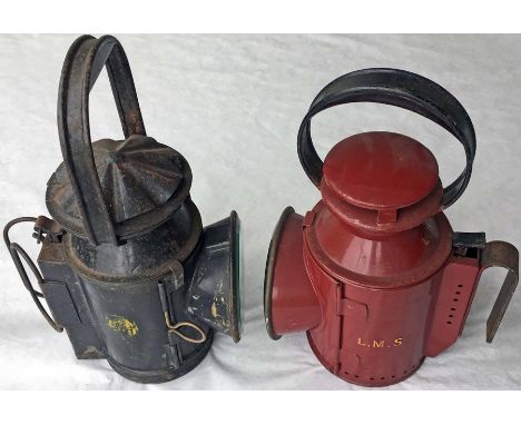 Pair of railway HANDLAMPS, the first a 4-aspect London, Midland &amp; Scottish Railway (LMS) example finished in crimson lake