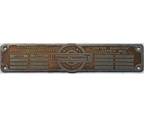 London Transport RT bus BODYBUILDER'S PLATE from one of the first production batch, known as the "pre-war" RTs. Reads 'Built 