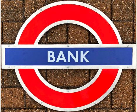 London Underground enamel PLATFORM ROUNDEL from Bank Station on the Central and Northern Lines. This is the smaller-size sign