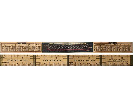1910/11 Central London Railway miniature, fold-out MAP with CALENDAR &amp; RULER. Printed on card, opens out to 4 panels with
