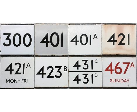 Selection (8) of London Transport bus stop enamel E-PLATES comprising routes 300, 401 (early-style plate), 401A, 421, 421A Mo
