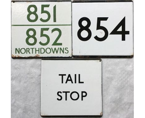 Selection (3) of London Transport bus stop enamel E-PLATES comprising 851/852 'Northdowns' (green lettering), a slightly inco