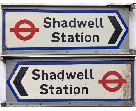 c1970s/80s local authority, aluminium DIRECTIONAL SIGN 'Shadwell Station' with London Transport roundel motif. A double-sided