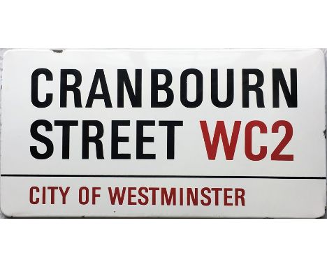 1960s/70s City of Westminster enamel STREET SIGN from Cranbourn Street, WC2, a small thoroughfare in London's theatreland lin