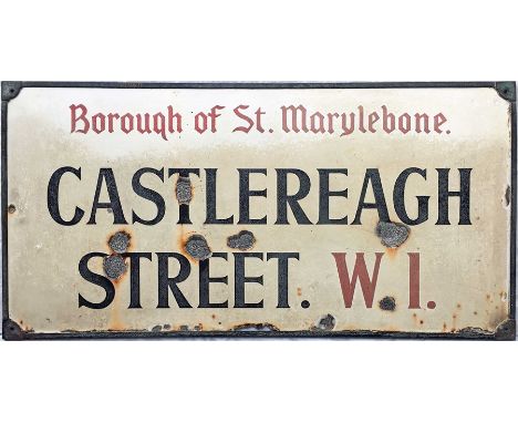 A c1930s Borough of St Marylebone enamel STREET SIGN from Castlereach Street, W1, just of the Edgware Road, north of Marble A