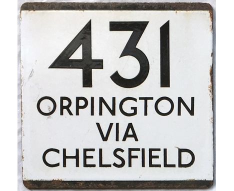 London Transport bus stop enamel E-PLATE for route 431 destinated Orpington via Chelsfield. This would have been located in S