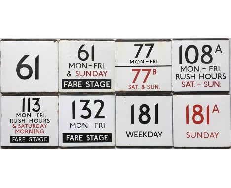 Selection (8) of London Transport bus stop enamel E-PLATES comprising routes 61, 61 Mon-Fri &amp; Sunday (partly red) Fare St