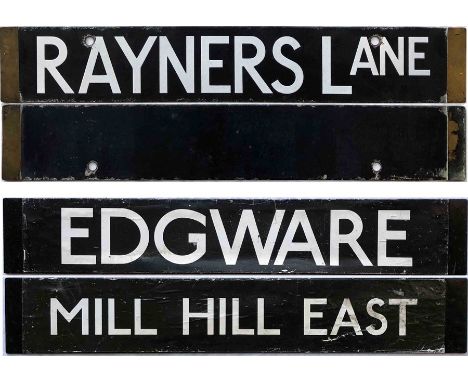 Pair  of London Underground CAB DESTINATION PLATES , the first an enamel example for Rayners Lane on the Piccadilly Line from