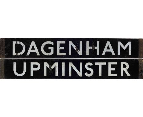 London Underground Q-Stock enamel DESTINATION PLATE for Dagenham/Upminster on the District Line. Double-sided, reversable, wi