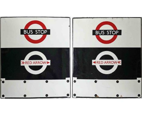 1960s London Transport enamel BUS &amp; RED ARROW STOP FLAG, for standard bus services and Red Arrows on a combined basis. Un