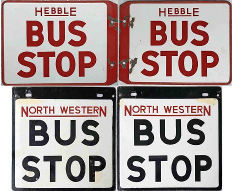 Pair of double-sided enamel BUS STOP FLAGS, the first from Hebble Motor Services (13.5" x 10" or 34cm x 25cm, good, ex-use co
