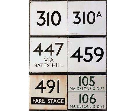 Selection (5) of London Transport bus stop enamel E-PLATES comprising routes 310, 310A, 447 via Batts Hill, 459, 491 Fare Sta