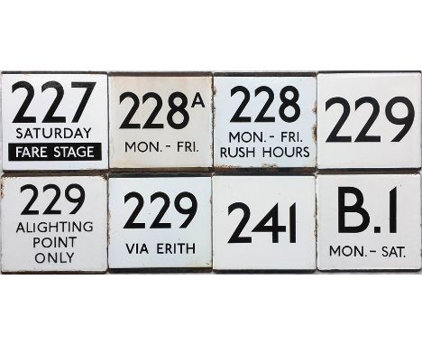 Selection (8) of London Transport bus stop enamel E-PLATES comprising routes 227 Saturday Fare Stage, 228 Mon-Fri Rush Hours,