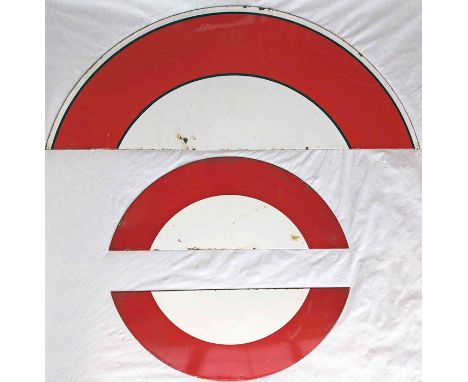 One pair and one single of London Underground enamel 'HALF-MOONS' from platform bullseye or roundel signs. The single piece i