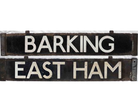London Underground Q/CO/CP Stock enamel DESTINATION PLATE for Barking/East Ham on the Hammersmith &amp; City Line. Double-sid