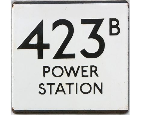 London Transport bus stop enamel E-PLATE for route 423B destinated Power Station. The 423B was a rush-hour works route to the