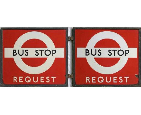 1940s/50s London Transport enamel BUS STOP FLAG 'Request'. Double-sided with two enamel plates inside a bronze frame and reta