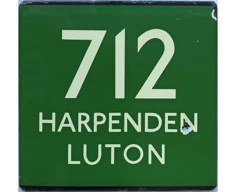 London Transport coach stop enamel E-PLATE for Green Line route 712 destinated Harpenden, Luton. Likely to have been located 