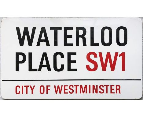 1960s/70s City of Westminster enamel STREET SIGN from Waterloo Place, SW1 which crosses Pall Mall in St James's, between Traf