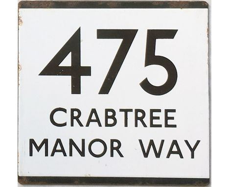 London Transport bus stop enamel E-PLATE for route 475 destinated Crabtree Manor Way. This route was a works service to Crayf