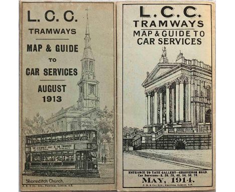 Pair of LCC Tramways POCKET MAPS dated August 1913 and May 1914 respectively. The former includes a loose LCC Tramways leafle