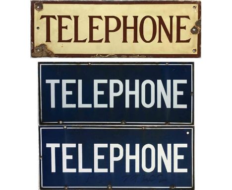 Pair of GPO ENAMEL SIGNS 'Telephone', the first, single-sided, from a 1920s K1 telephone box and measuring 24" x 8" (61cm x 2