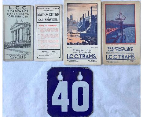 Selection (5) of London tram items comprising 4 x LCC Tramways POCKET MAPS: May 1914, April 1916, Nov 1931 &amp; Nov 1932, al