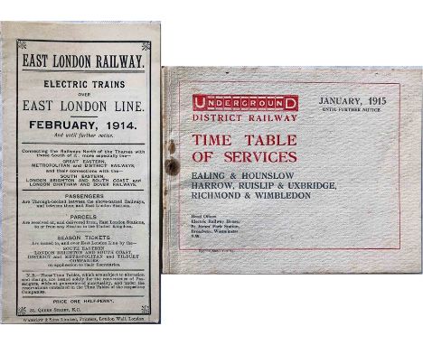 Pair of early London Underground TIMETABLES comprising February 1914 East London Railway fold-out leaflet, in very good condi