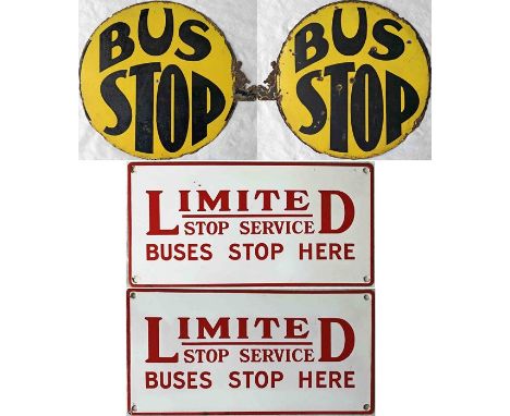 Pair of double-sided enamel BUS STOP FLAGS, the first a most unusual circular variant, believed to be Rawtenstall Corporation