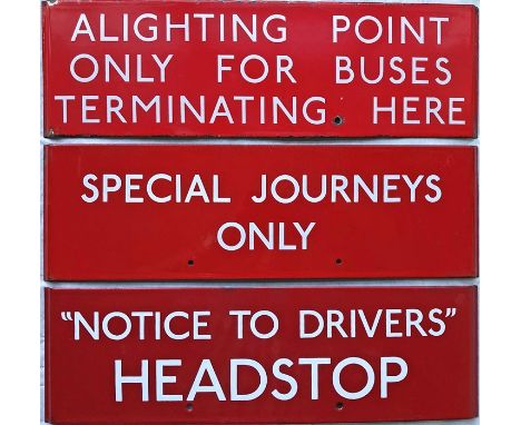 Selection (3) of London Transport bus stop enamel G-PLATES comprising 'Alighting Point Only for Buses Terminating Here', 'Spe
