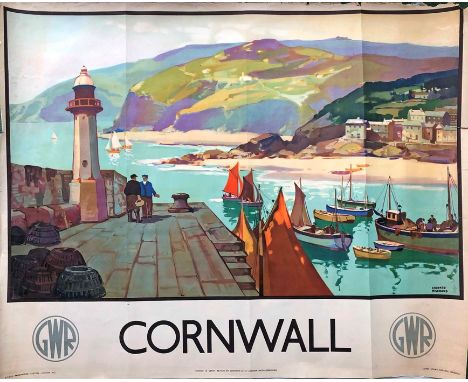 1937 Great Western Railway (GWR) quad-royal POSTER 'Cornwall' by Leonard Richmond (1889-1965). A colourful Cornish harbour sc