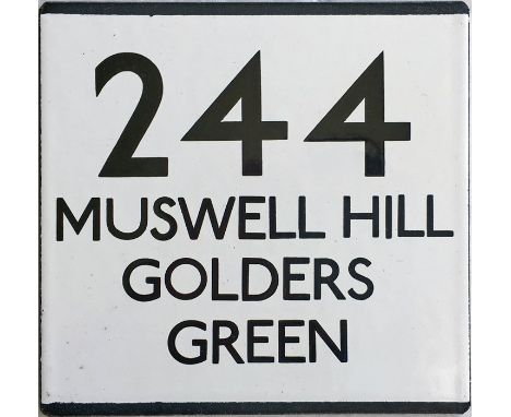 London Transport bus stop enamel E-PLATE for route 244 destinated Muswell Hill, Golders Green. This could well have been loca
