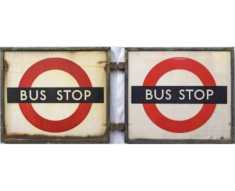 1940s/50s London Transport enamel BUS STOP FLAG 'Request'. Double-sided with two enamel plates inside a bronze frame and reta