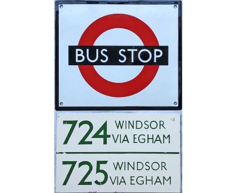 Pair of London Transport SIGNS comprising an enamel BUS STOP FLAG, single-sided, measuring 12" x 10.5" (30cm x 27cm), most un