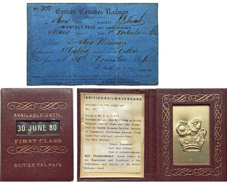 Pair of RAILWAY PASSES comprising an 1851 folding-card monthly pass issued by the Eastern Counties Railway and a British Rail