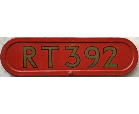 London Transport RT bus BONNET FLEETNUMBER PLATE from RT  392. The original bus to carry this number, an RT3-type 'roofbox' b