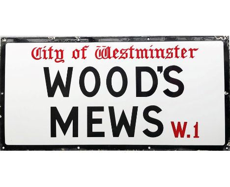 1950s City of Westminster enamel STREET SIGN from Wood's Mews, W1, a residential street in Mayfair off Park Lane. Measures 30