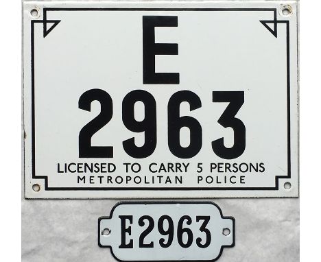 Matching pair of London Taxi enamel LICENCE PLATES 'E 2963' from the 1990s E-series. The first measures 9 x 6.5" (23cm x 16cm