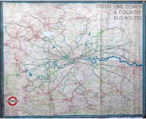 1934 (1938 edition) London Transport quad-royal POSTER MAP 'Green Line Coach &amp; Country Bus Routes'. A wonderful map showi