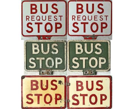 Selection (3) of double-sided BUS STOP FLAGS comprising enamel 'Bus Request Stop' (possibly Wilts &amp; Dorset), cast-alloy '
