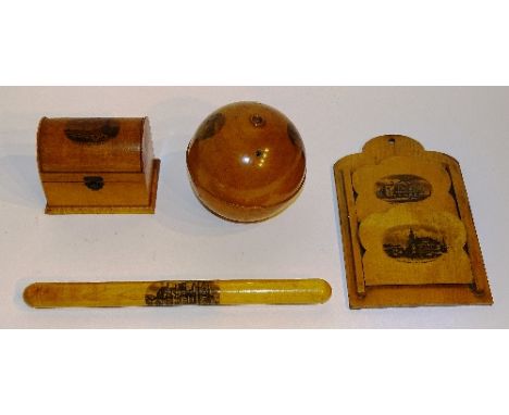 A small quantity of Mauchline ware, to include trinket trunk depicting Blackpool, a spherical ball depicting Belfast, long sp