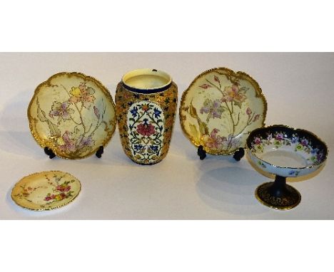 A Zsolnay Pecs floral enamelled vase, 21cm high, together with a Royal Worcester blush ivory dish, a pair of gilt floral deco