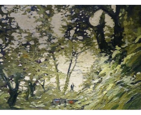 R Williamson (?)'Figure in Woods'Oil on canvas, indistinctly signed lower right, 29 x 39cm