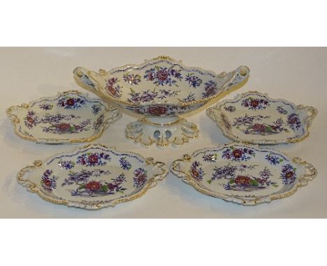 A five piece part stone china fruit service circa 1900, comprising of comport and two pairs of side plates, decorated with fl